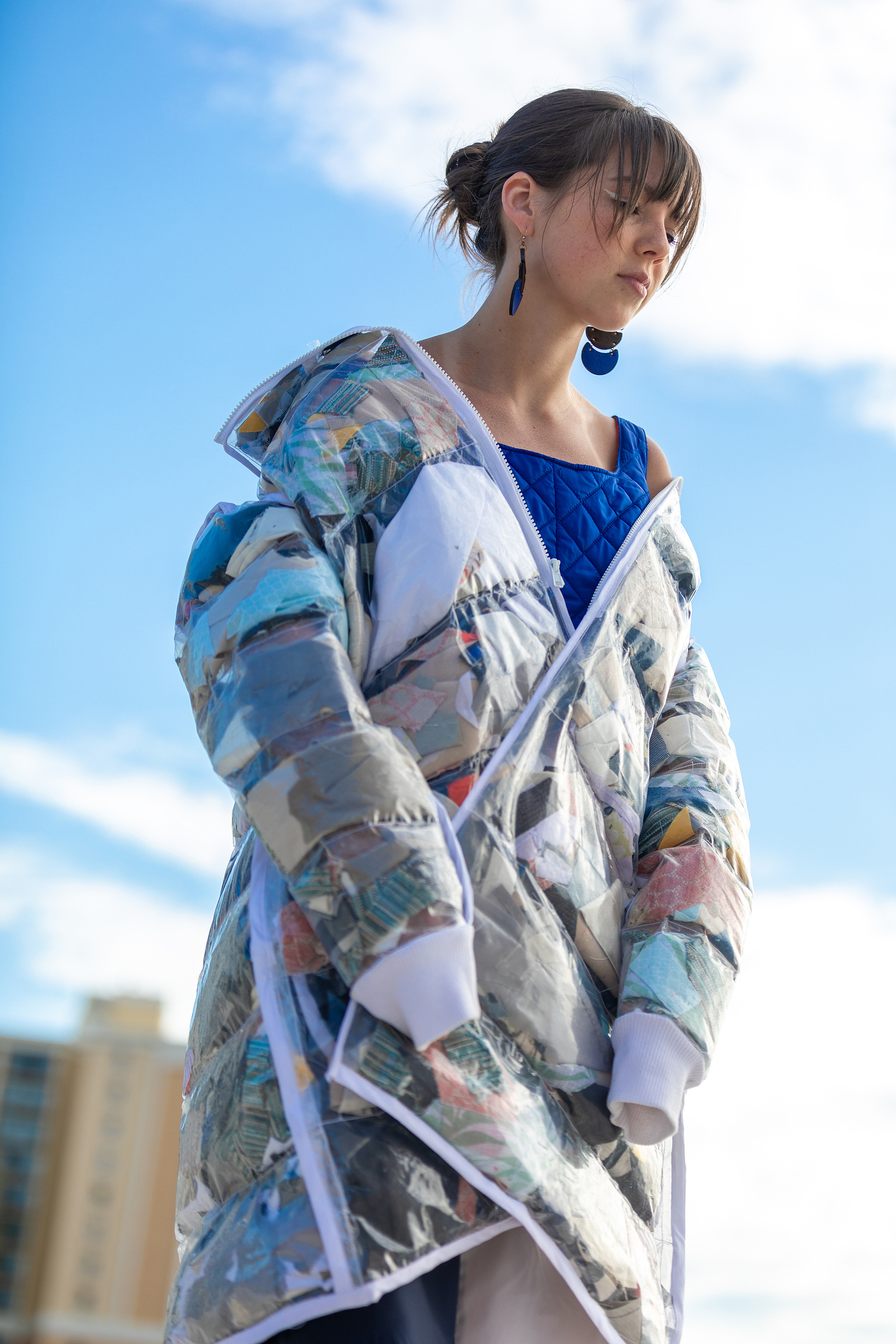 blue, coat, girl, smile, sustainable, designer, college project
