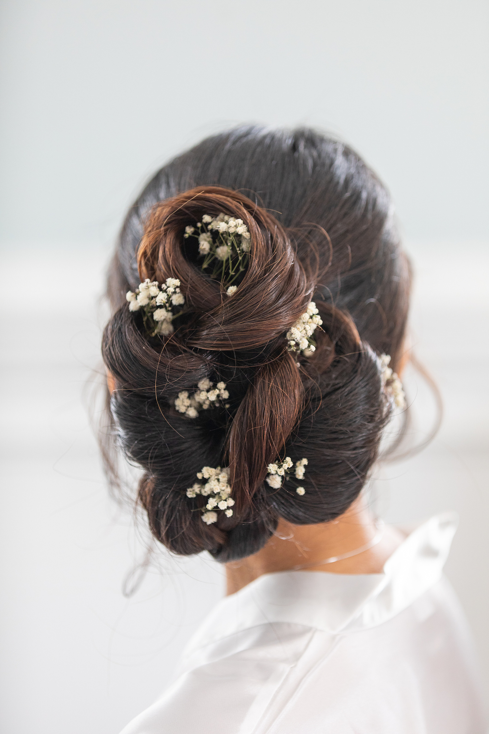 hair, flowers, marriage, happy, updo, robe, dark hair, close up, texture
