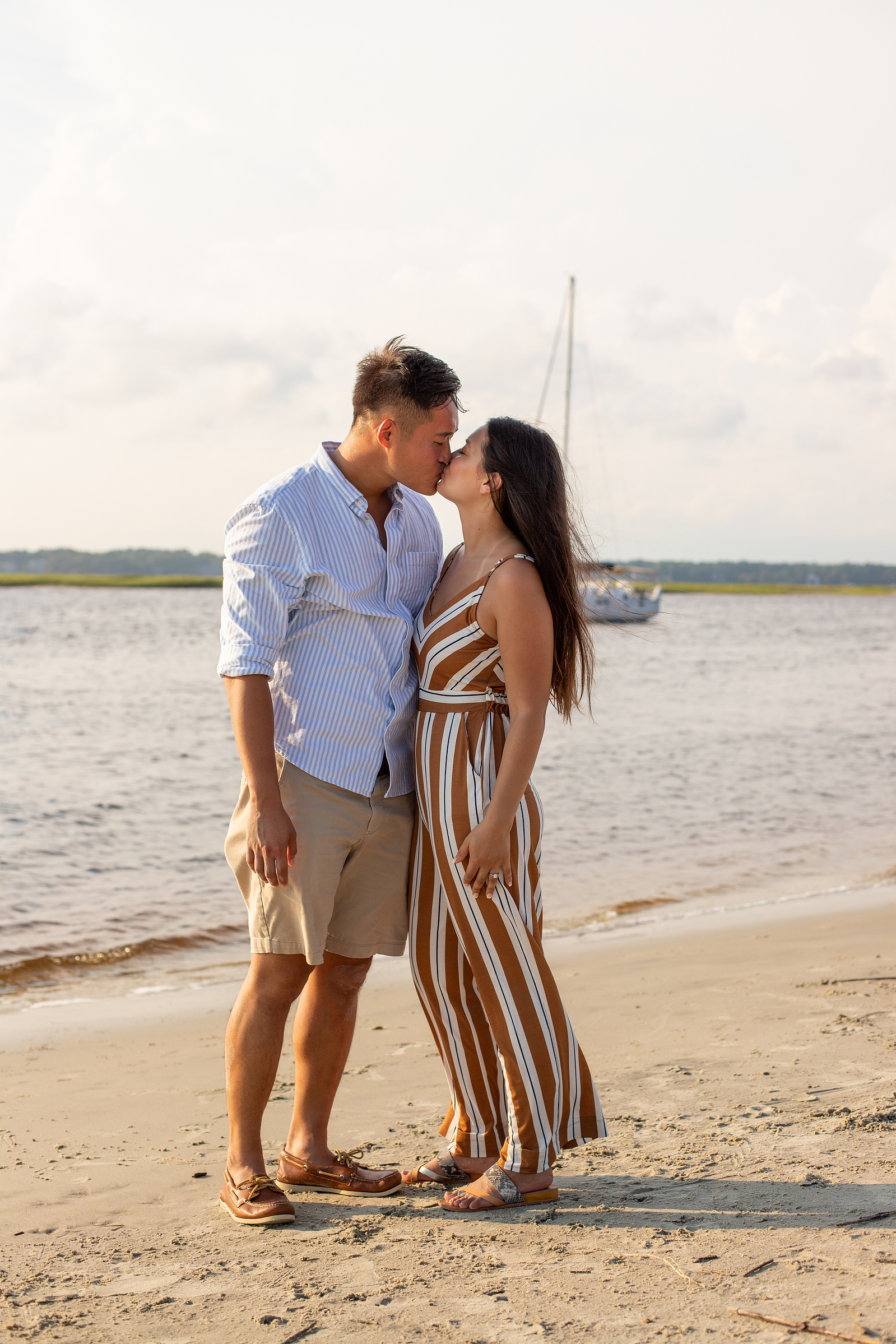 standing, kissing, sunset, north carolina, south carolina, beach, shore, sailboat