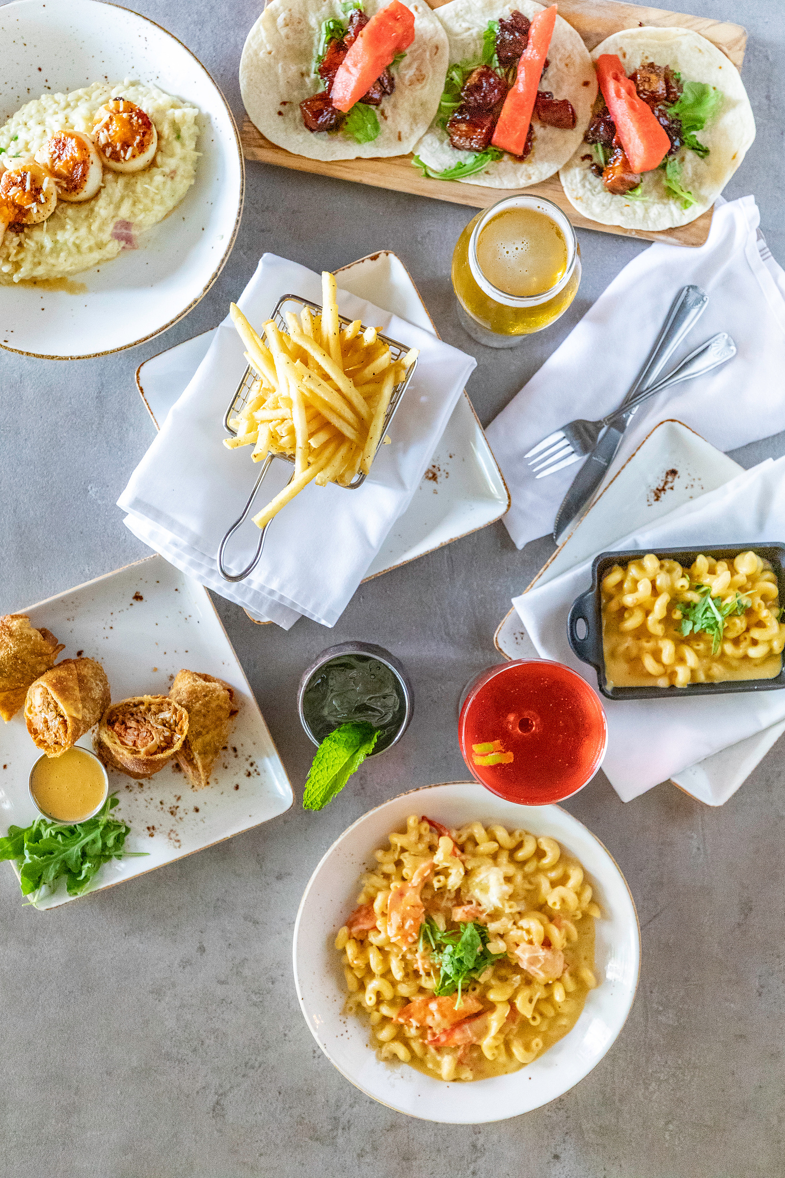 yellow, mac and cheese, fries, cocktails, red, green, myrtle beach, food, commercial, watermelon tacos
