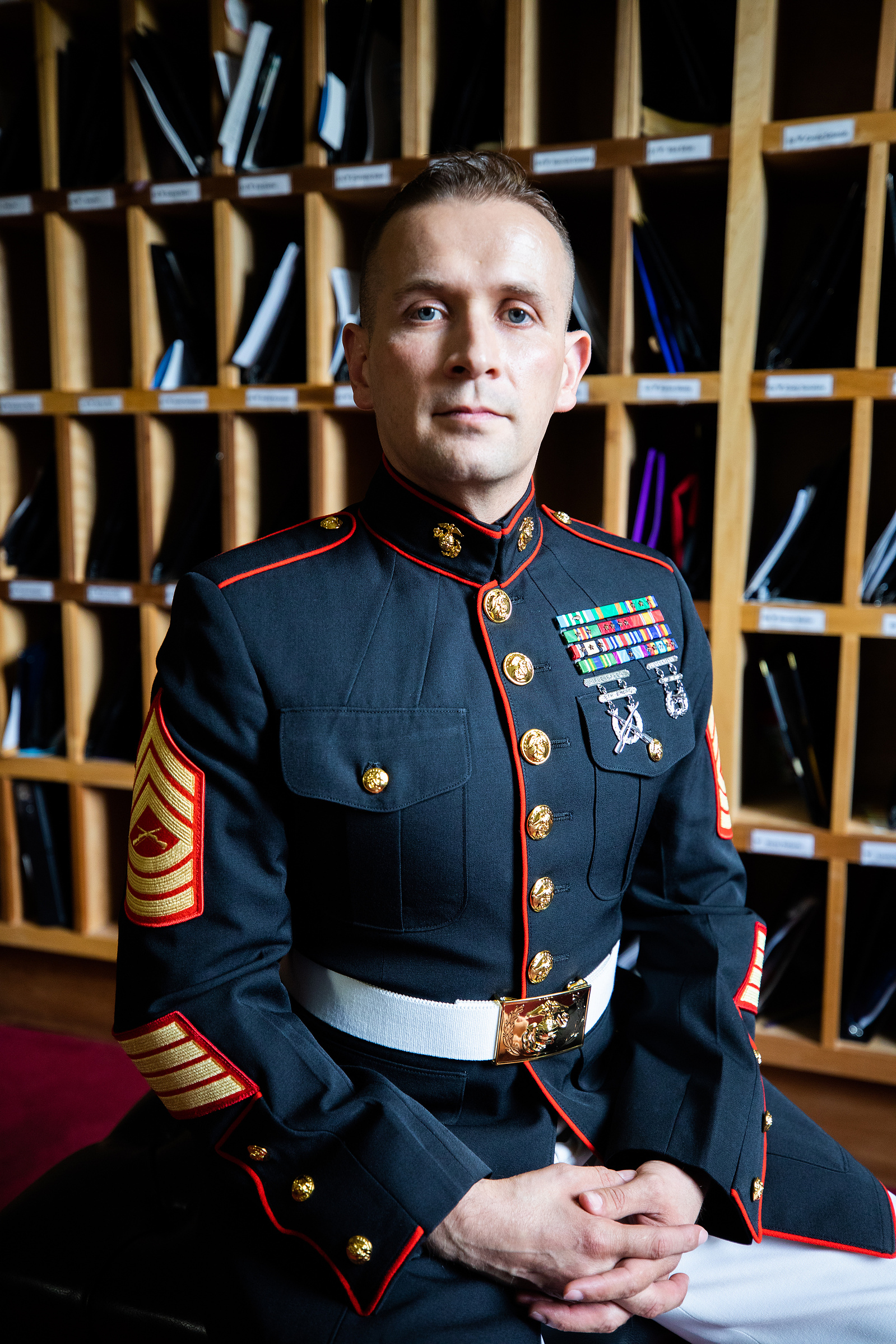 portrait, marine, moody, books, church, posed, man, strong