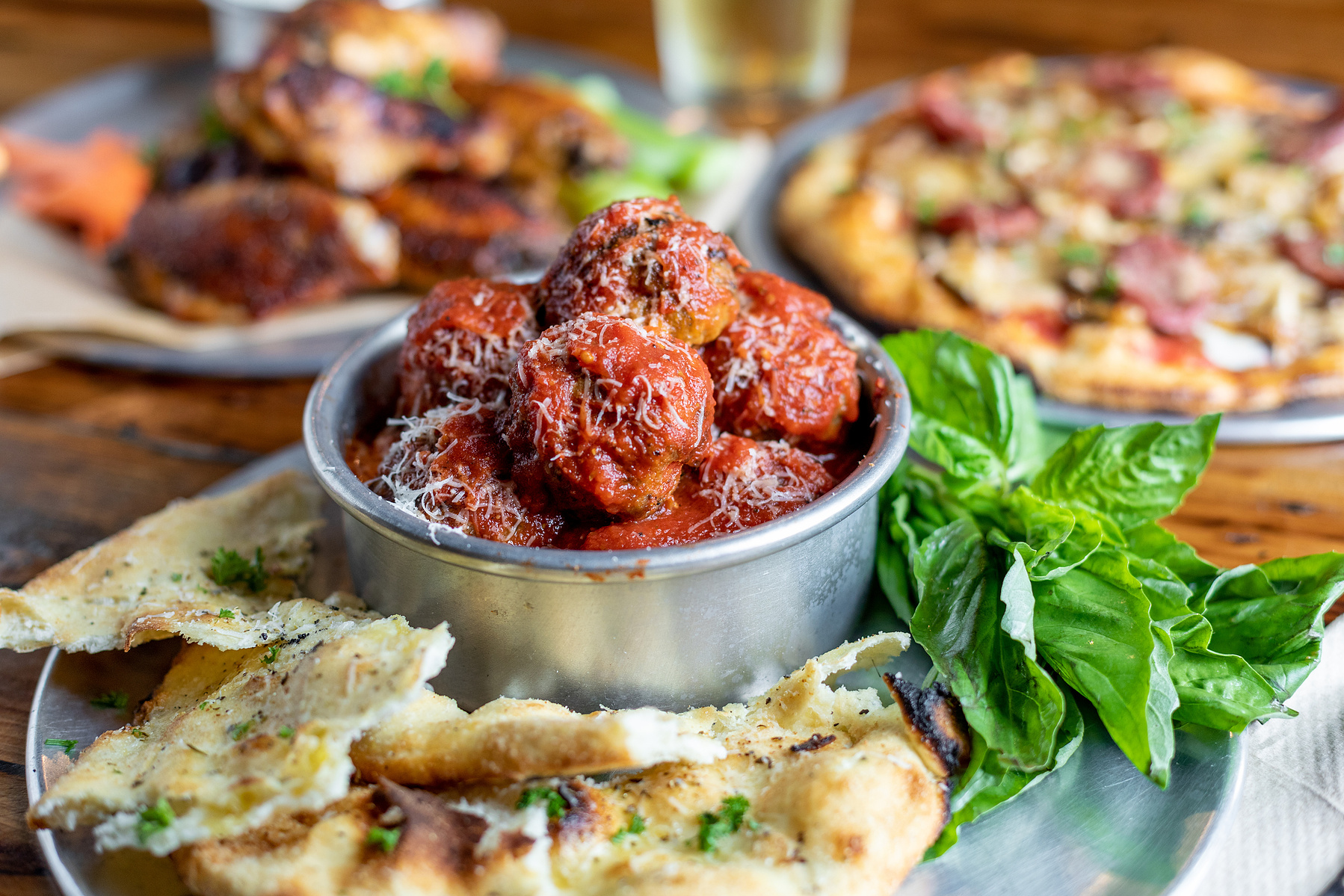 The Pizza Hyena || Red, meatballs, pita, basil, food photography, pizza, myrtle beach, cheese, cooking