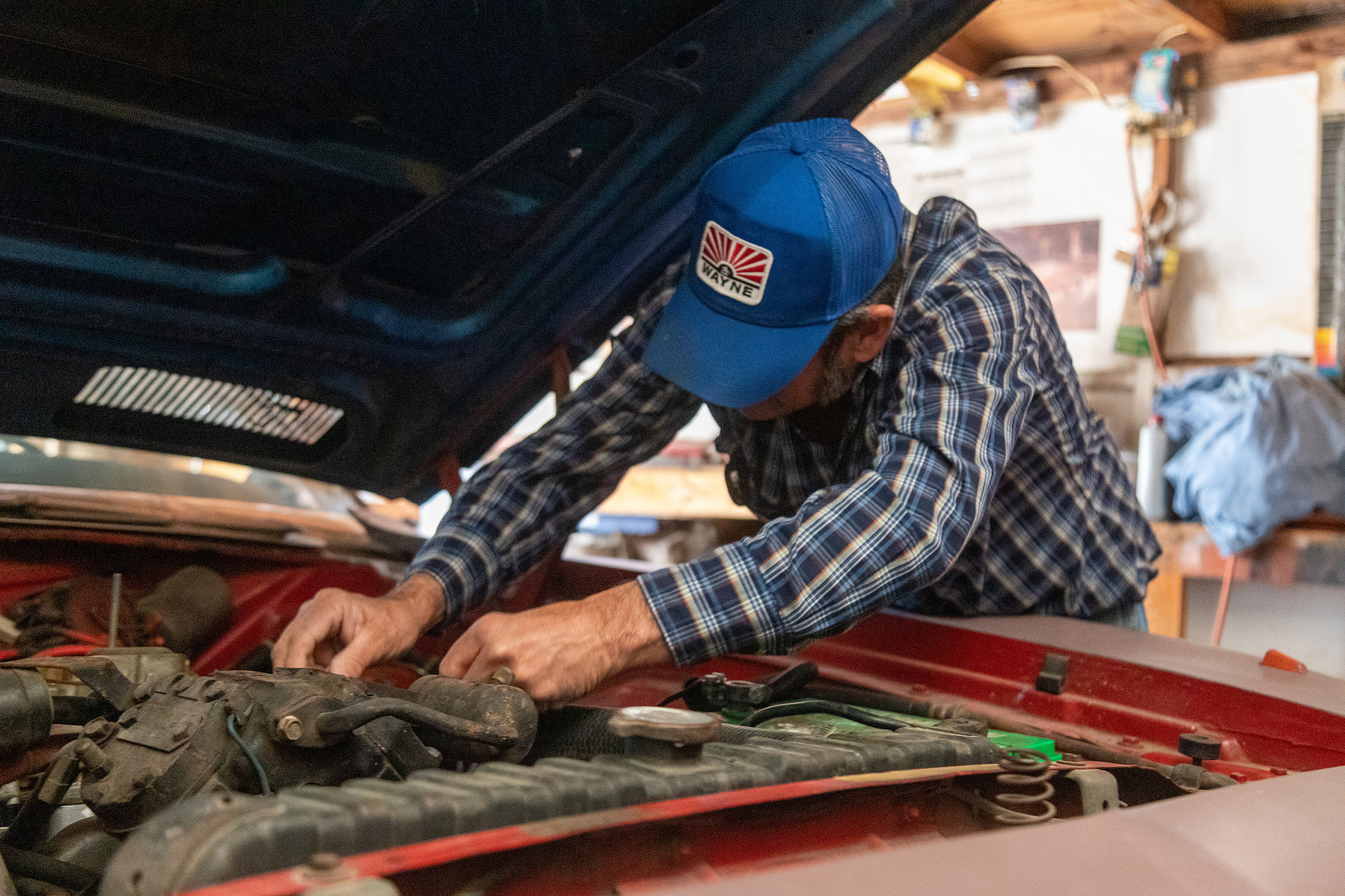 red, vintage muscle car, man, hands, texas