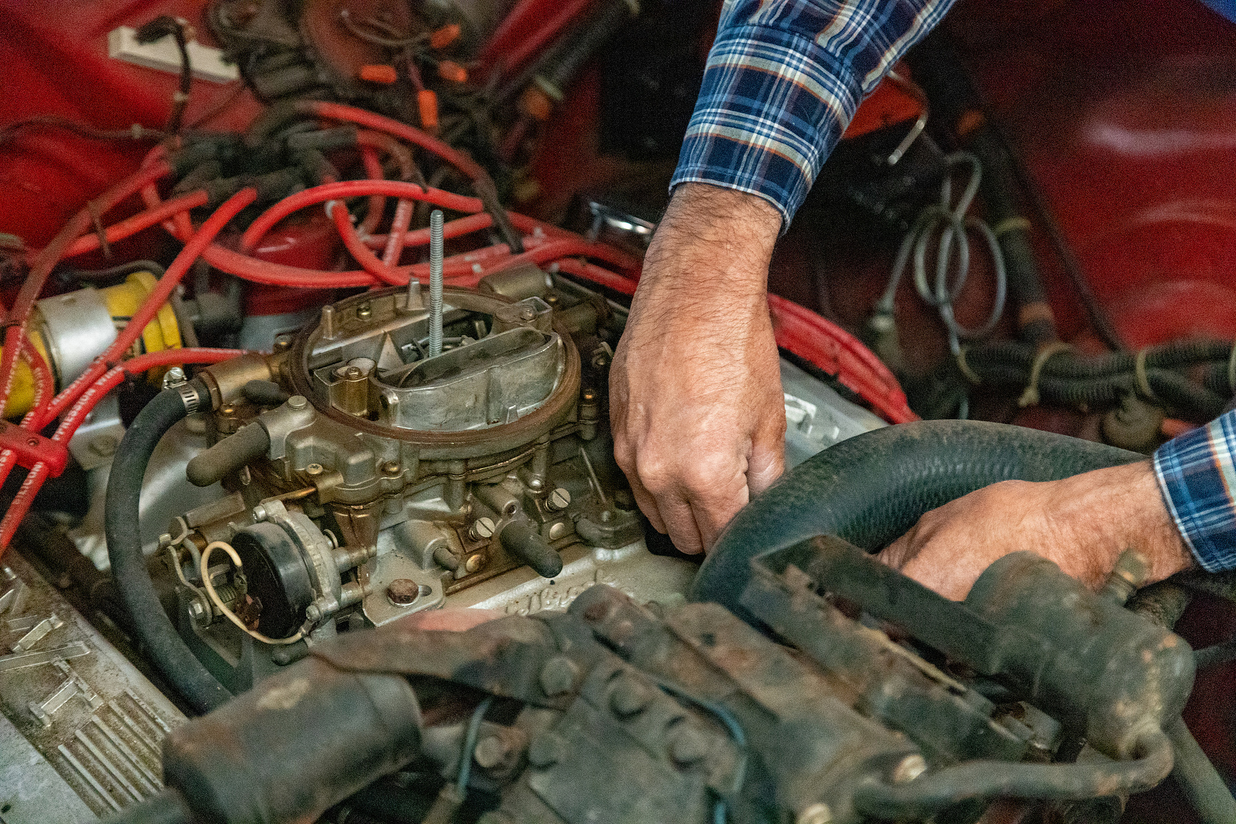 red, vintage muscle car, man, hands, texas