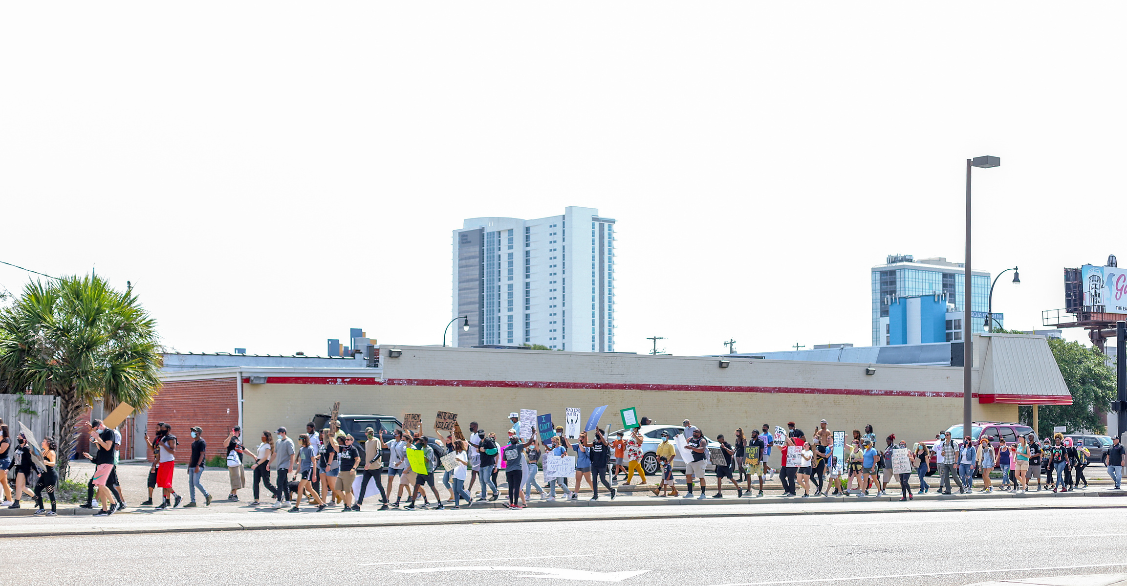 marching, signs, protest, myrtle beach, black lives matter, equality, blown out, group, buildings