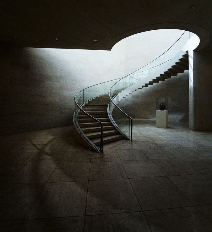 Stairs in the Grand Duke Jean Museum of Modern Art, in Luxembourg, Luxembourg. By Ieoh Ming Pei. 