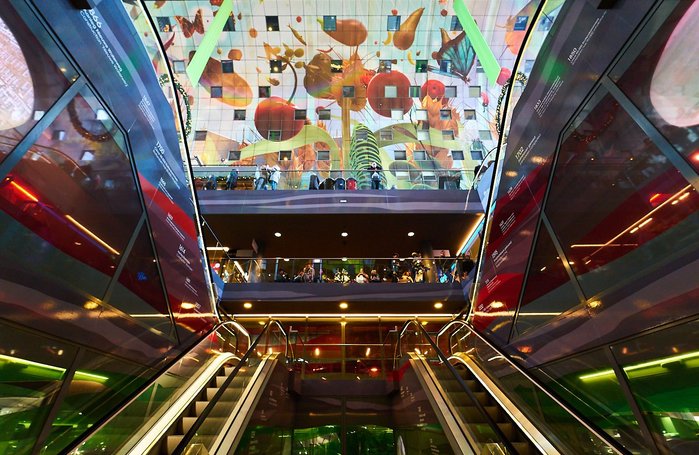 Inside the Markthal in Rotterdam, The Netherlands. By MVRDV architects .