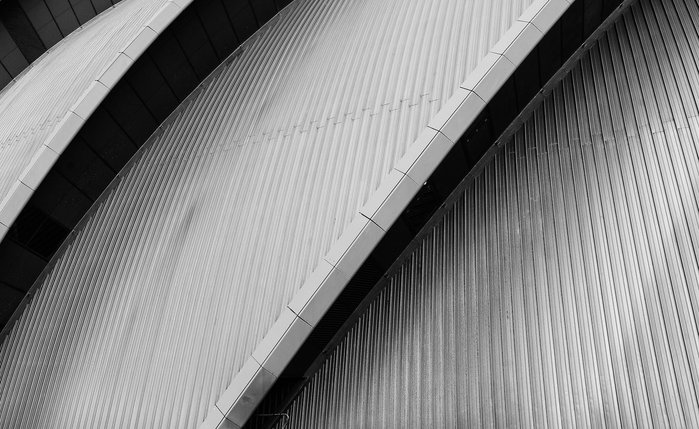Detail of the Scottish Event Campus building, or Armadillo, designed by Norman Foster for Foster and Partners