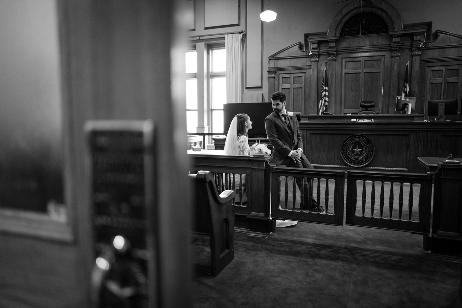 Fort Worth Courthouse Wedding On Film Photography Black and White Candid Moments Bride and Groom 