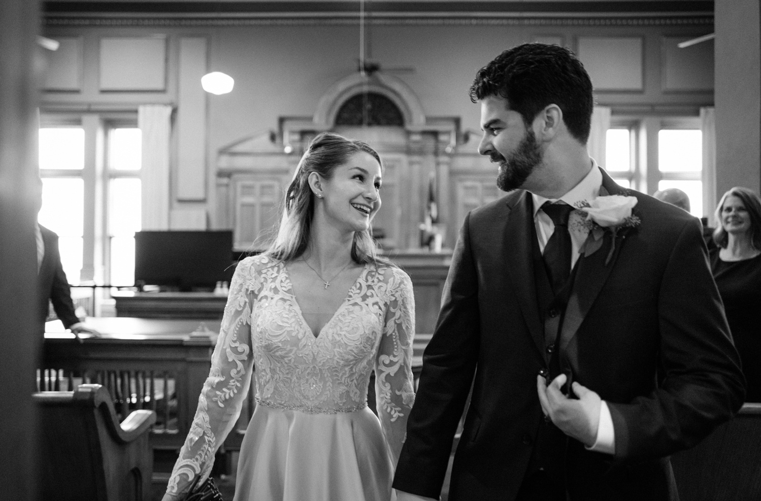 Fort Worth Courthouse Wedding On Film Photography Black and White Candid Moments Bride and Groom 