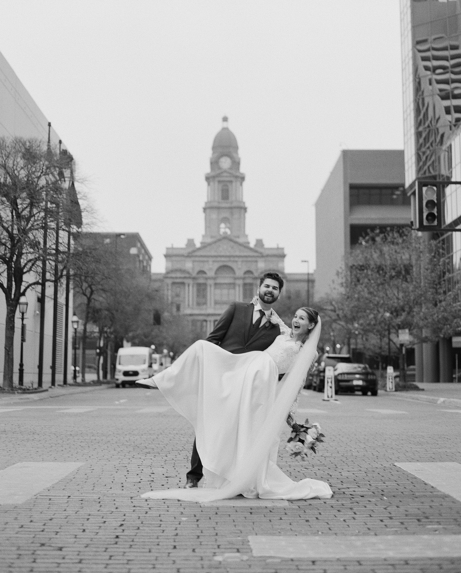Fort Worth Courthouse Wedding On Film Photography Black and White Candid Moments Bride and Groom Outdoor  Downtown 
