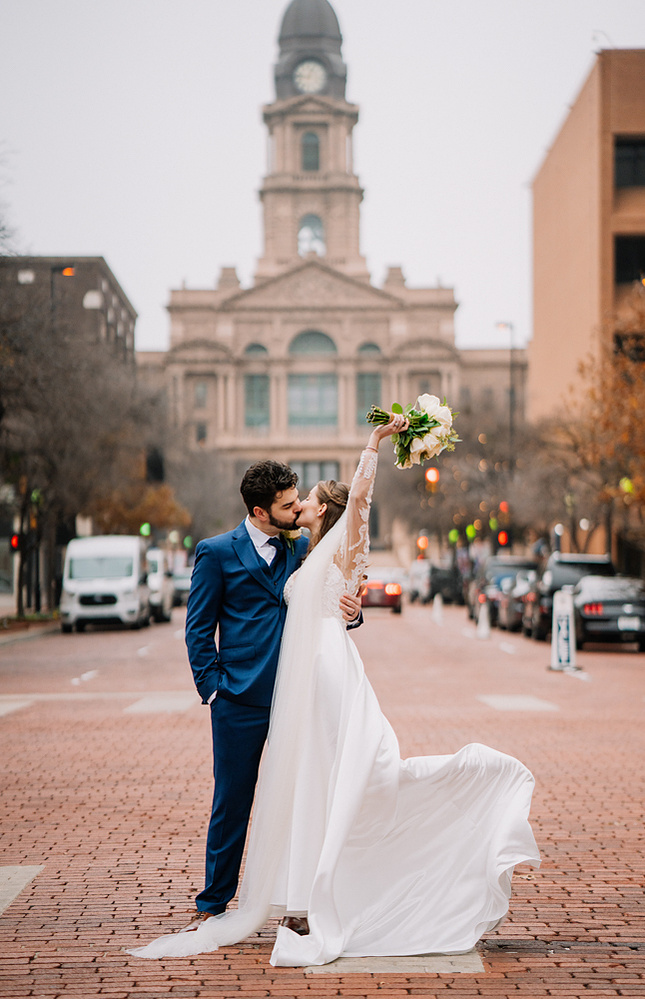 Fort Worth Courthouse Wedding On Film Photography Black and White Candid Moments Bride and Groom Outdoor  Downtown 