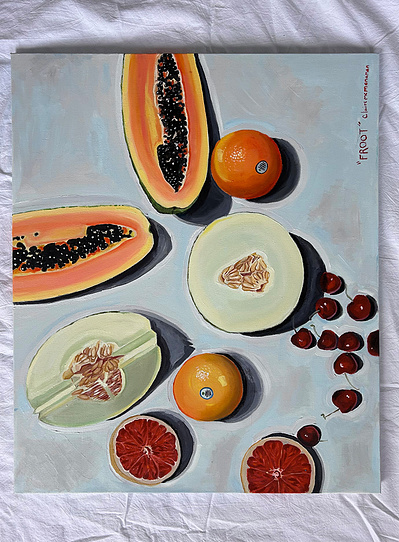 painting of fruit: papayas, cantaloupe, oranges, and cherries on a light blue background.