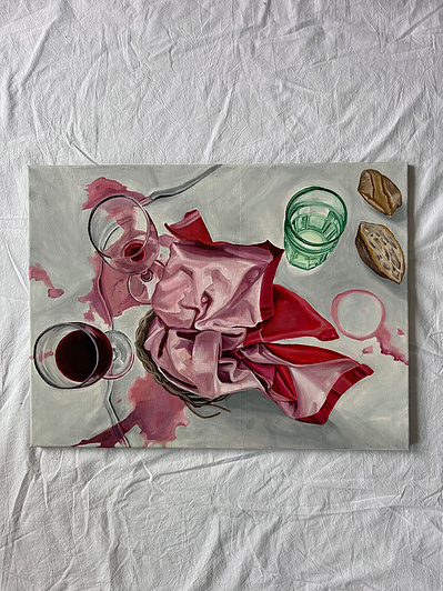 My painting titled "spilled," a painting of red wine, a bread basket with a purple cloth, a green glass, and spilled wine on white table cloth.