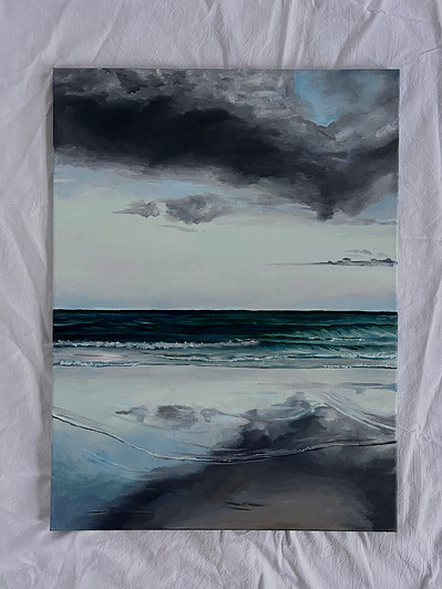 a painting of the ocean and clouds.