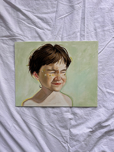 a painting of a boy squinting with stars on his cheeks, a green background.