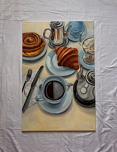 a painting of coffee, croissant, cinnamon bun: breakfast scene.