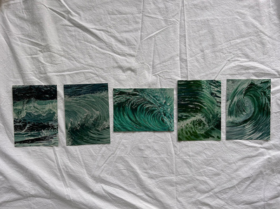 a collection of five small paintings of waves. color scheme is turquoise, sea-green, navy blue, light blue, and cerulean blue.