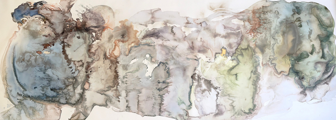 bassins versants, 2024, encres, poudre de pierre sur papier minéral, 300x110 cm