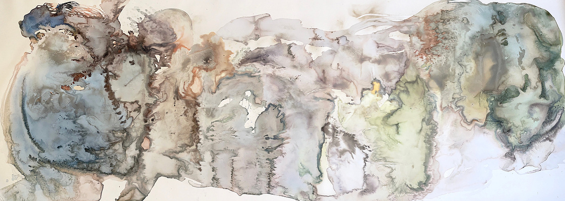 bassins versants, 2024, encres, poudre de pierre sur papier minéral, 300x110 cm