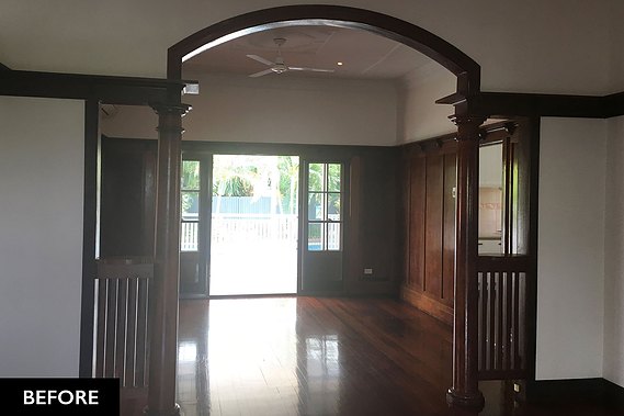 Dark wood interior walls and features in the entryway of a house in Camp Hill