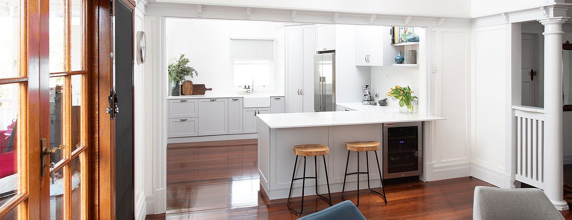 Open concept, white, minimalistic kitchen in Camp Hill