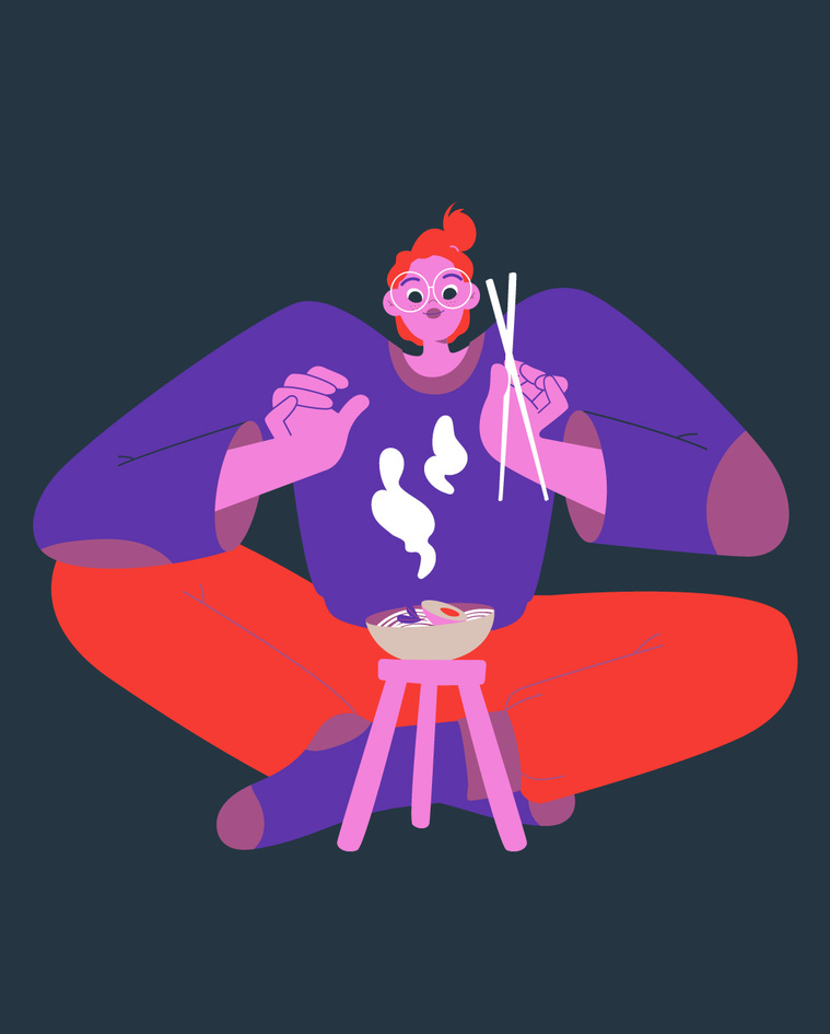 Close-up of a red-haired woman sitted on the floor in front of a bowl of steamy ramen. 