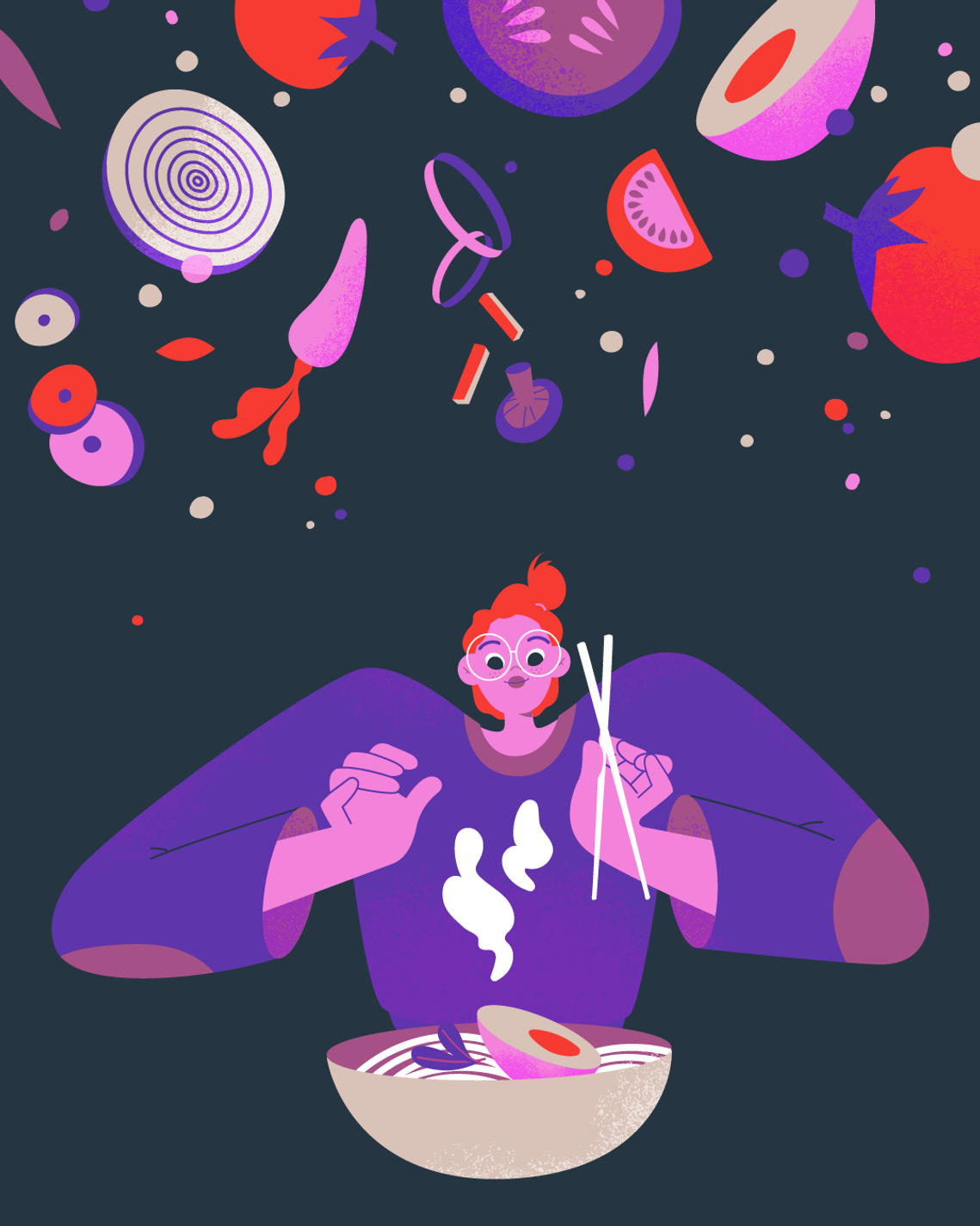 Red-haired gourmet staring at steamy japanese noodle bowl. A round of vegetables hangs above her head