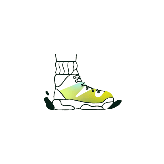 Animated illustration of a hiking boot that has just burst in the splashing mud.