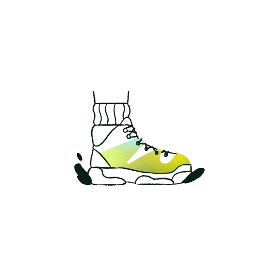 Animated illustration of a hiking boot that has just burst in the splashing mud.