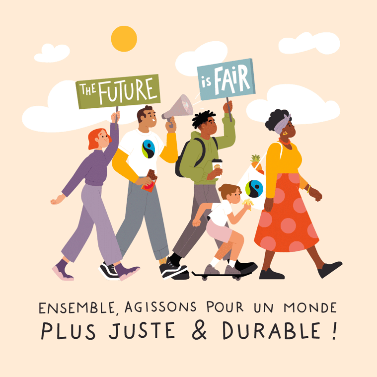 Animated Gif of illustrated wish cardf or MaxHavelaar France. Birds fly happily above the marching ethical consumers for a fair future.