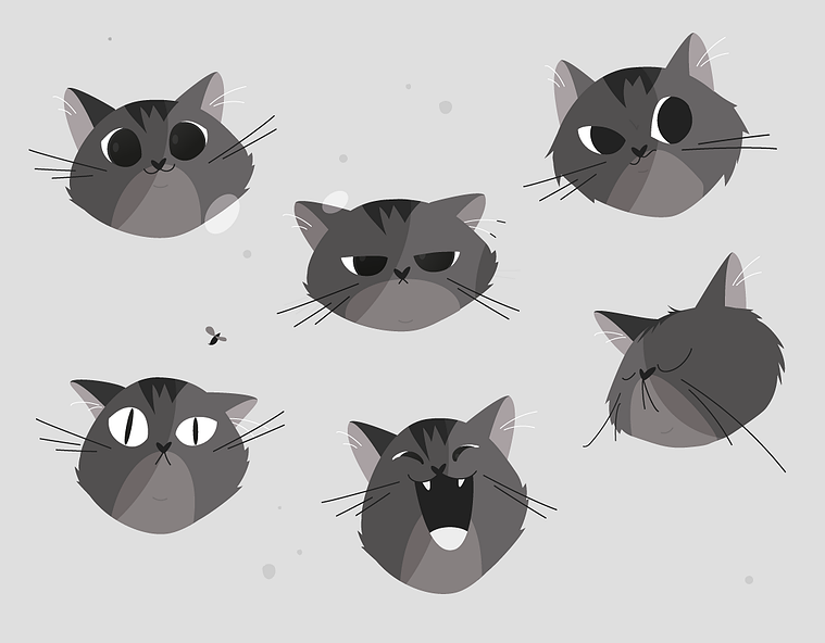 Character study sheet showcasing six distinct feline expressions: angry, innocent, grumpy, yawning, suspicious, and wild-eyed.