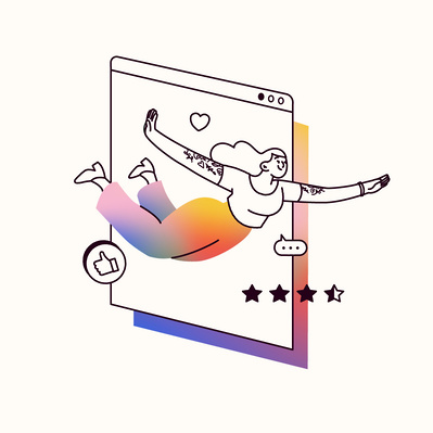 In front of a computer window, a woman in her thirties, a smile on her face, wears gradient-colored trousers and flies arms wide-open. Graphic elements: five stars row, heart, thumb up