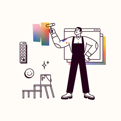 Young man paints a wall with gradient-colored painting. Background: computer window, stool, smiley