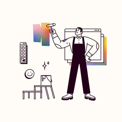Young man paints a wall with gradient-colored painting. Background: computer window, stool, smiley