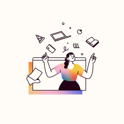 Bust out of a computer window, a smiling woman joggles with graphic elements : book, laptop, papers, mobile phone, 