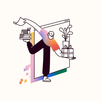 senior man in front of a computer window stands on 1 foot, holds gift and plant in 1 hand, paper in other, books on other foot