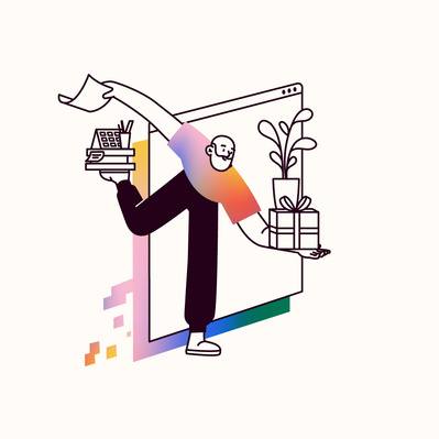 senior man in front of a computer window stands on 1 foot, holds gift and plant in 1 hand, paper in other, books on other foot