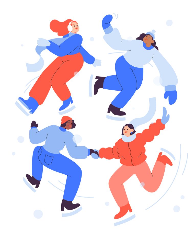 4 2D characters. Ice-skating women  have fun in friendly sport training. Dressed in red and blue winterwear they gracefully form a circle with joy, balance & energy