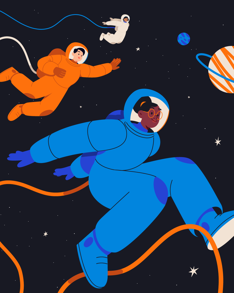 Three astronauts jumping into space