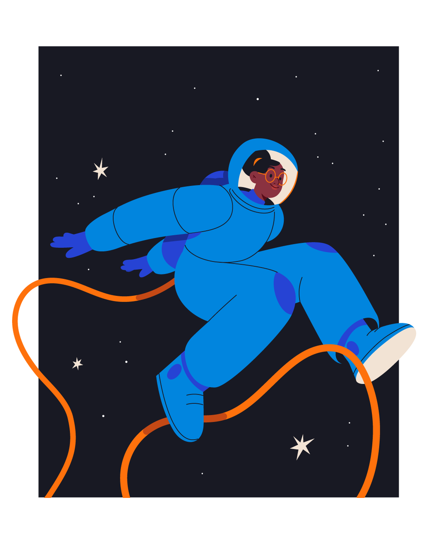 Young black female astronaut jumping into space
