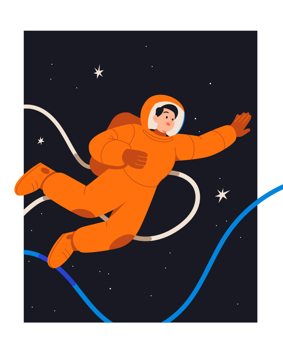 Young asian woman astronaut jumping into space