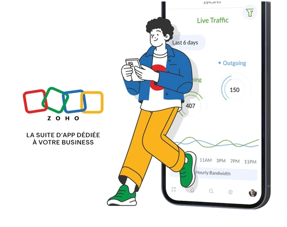 Illustration d'un jeune adulte habillé avec un outfit stylé. Réalisé par Clemence Thune pour Zoho france. Campagne d'affichage multi supports. Le personnage est détendu et posé contre un grand téléphone portable.
