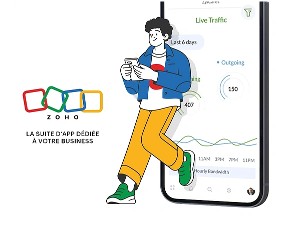 Illustration d'un jeune adulte habillé avec un outfit stylé. Réalisé par Clemence Thune pour Zoho france. Campagne d'affichage multi supports. Le personnage est détendu et posé contre un grand téléphone portable.

