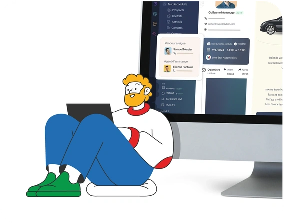 Illustration au trait d'un homme jeune avec un outfit stylé et élégant, il est barbu et parait sympa, avec son ordinateur portable sur les genoux. Création : Clémence Thune Brand Illustrator.