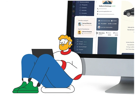 Illustration au trait d'un homme jeune avec un outfit stylé et élégant, il est barbu et parait sympa, avec son ordinateur portable sur les genoux. Création : Clémence Thune Brand Illustrator.