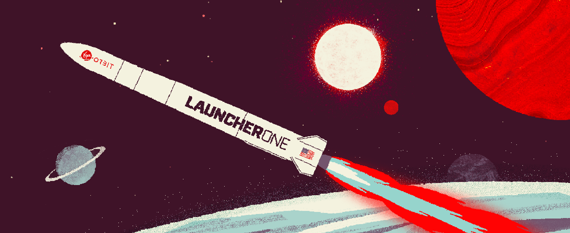 A Virgin Orbit rocket flies into space with planets and stars in the background