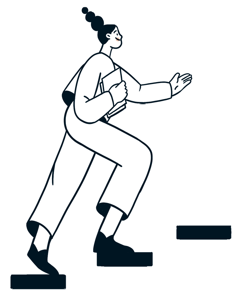 Illustration ligne claire d'un personnage gravissant des marches avec assurance, documents en main