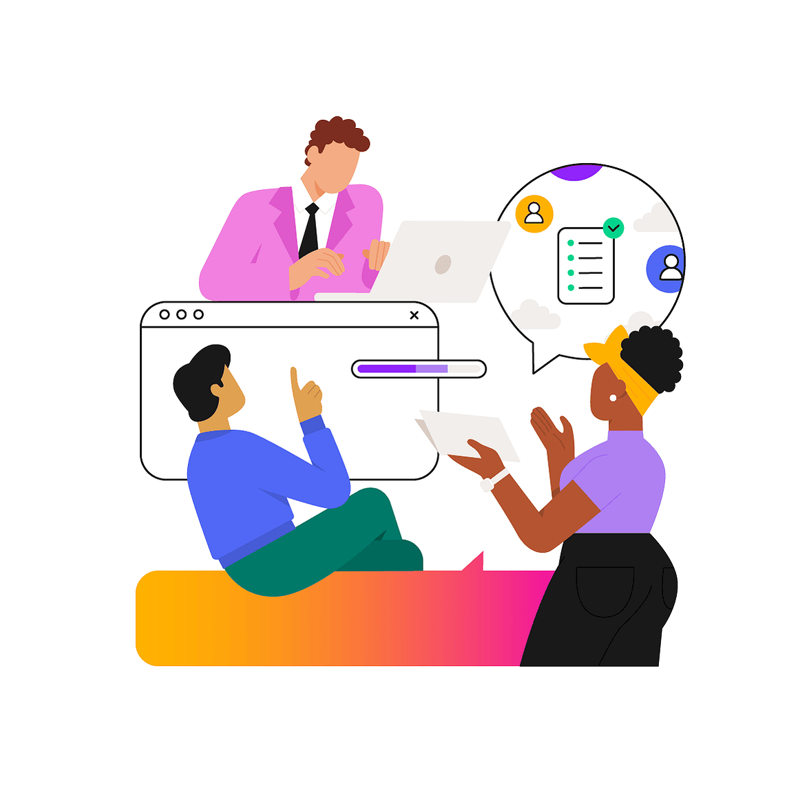 Trois employé.es échangent et organisent un projet. Des éléments graphiques structurent et symbolisent l'espace de travail, le bien-être au travail et la communication