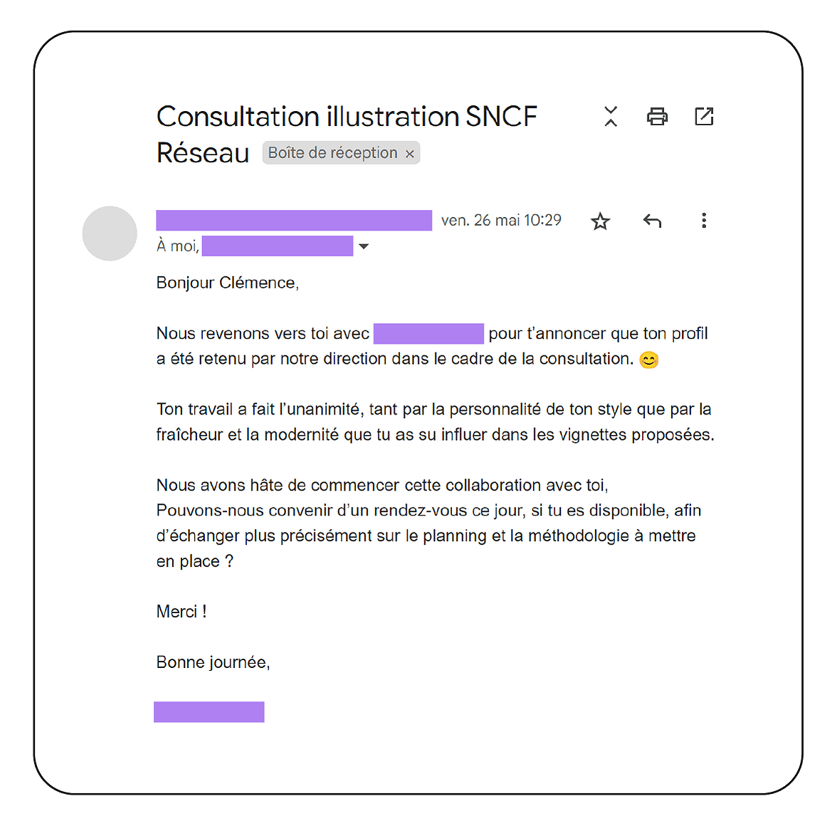 Email de réponse exprimant l'avis positif à l'unanimité sur l'intention créative. Le ton est clair, concis et respectueux